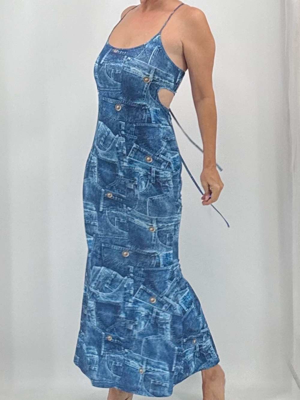 Vintage Y2K Trompe L’Oeil Streetwear Hip Hop Denim Print Corset Maxi Slip Dress